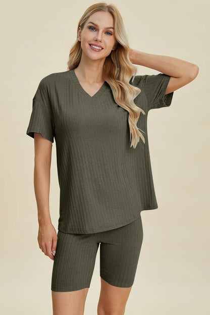 Basic Bae Full Size Ribbed V - Neck Short Sleeve Top and Shorts Set - NORIVE