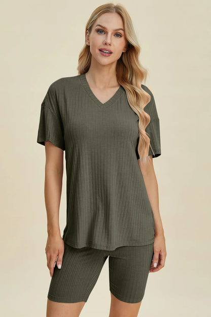 Basic Bae Full Size Ribbed V - Neck Short Sleeve Top and Shorts Set - NORIVE