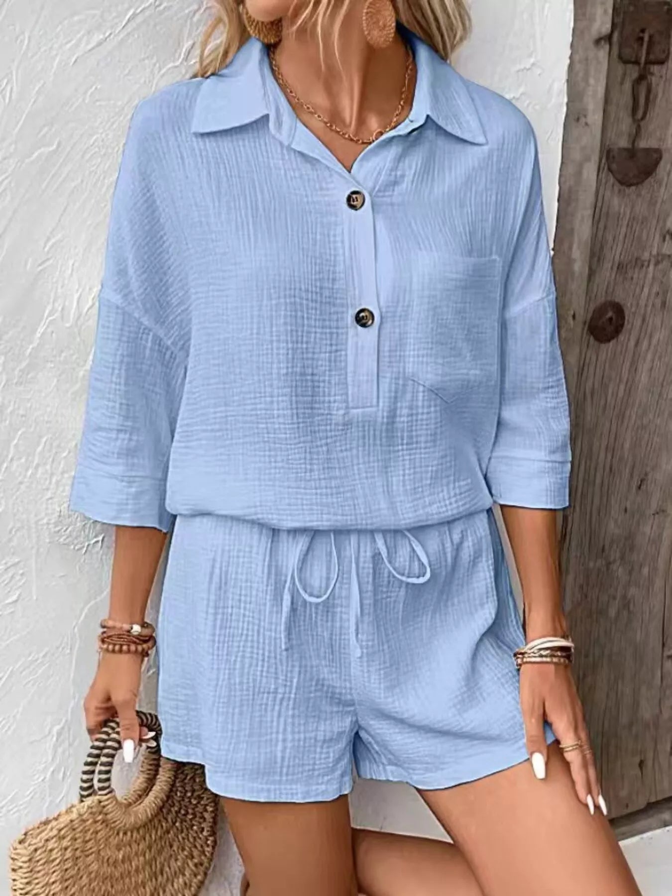 Button Detail Top and Shorts Set - NORIVE