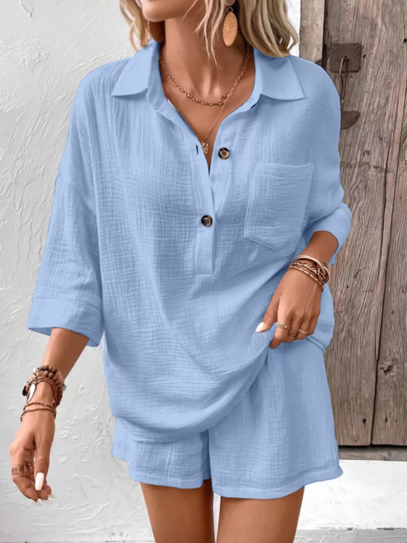 Button Detail Top and Shorts Set - NORIVE