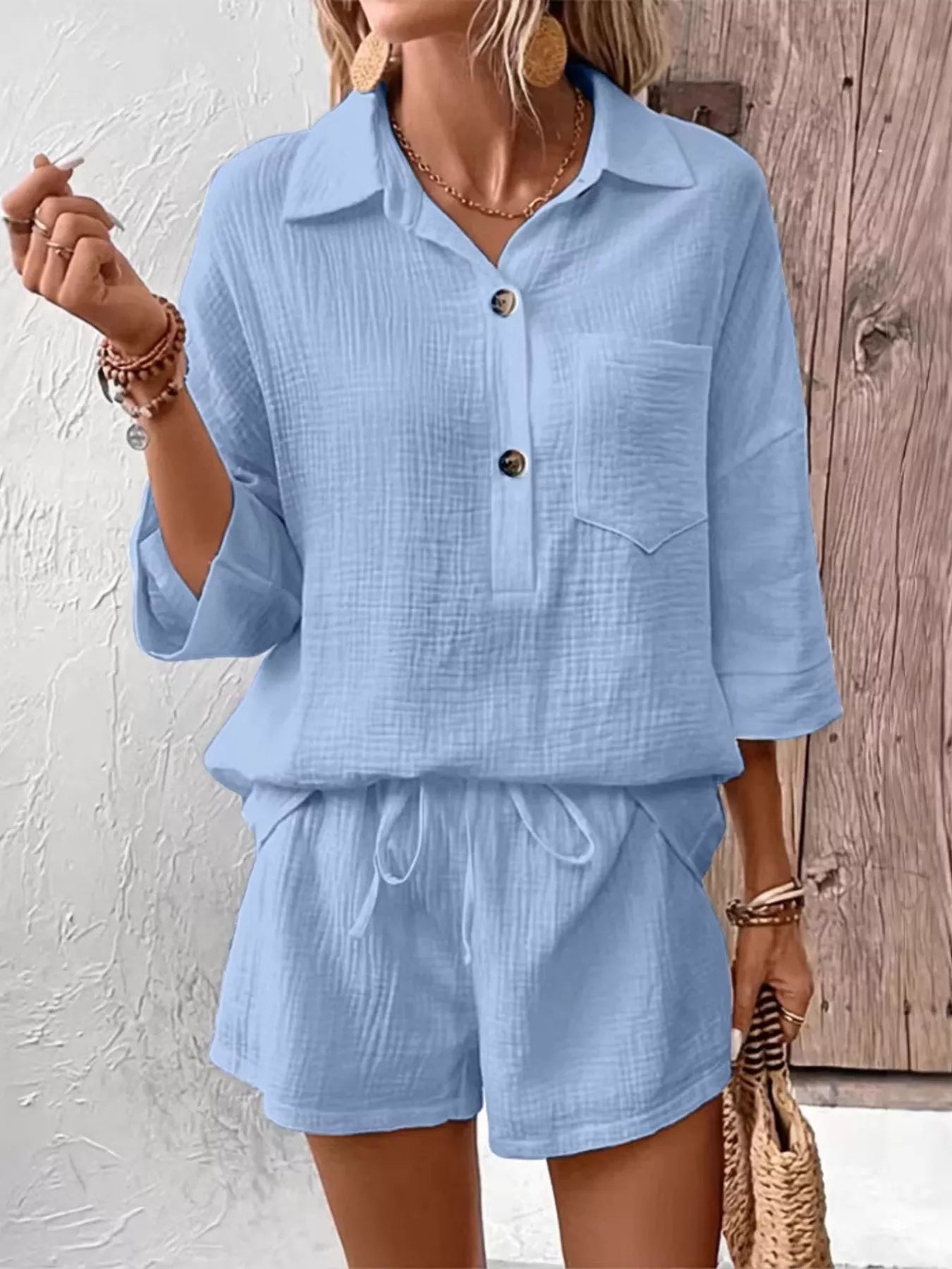 Button Detail Top and Shorts Set - NORIVE