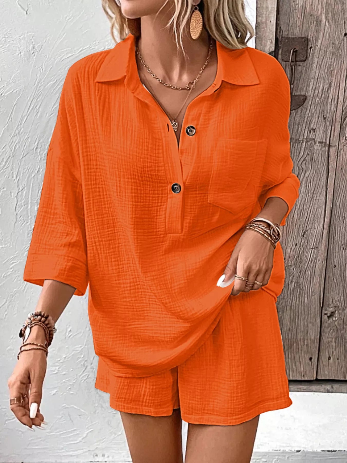 Button Detail Top and Shorts Set - NORIVE