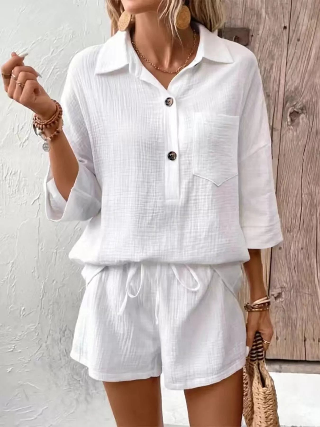 Button Detail Top and Shorts Set - NORIVE