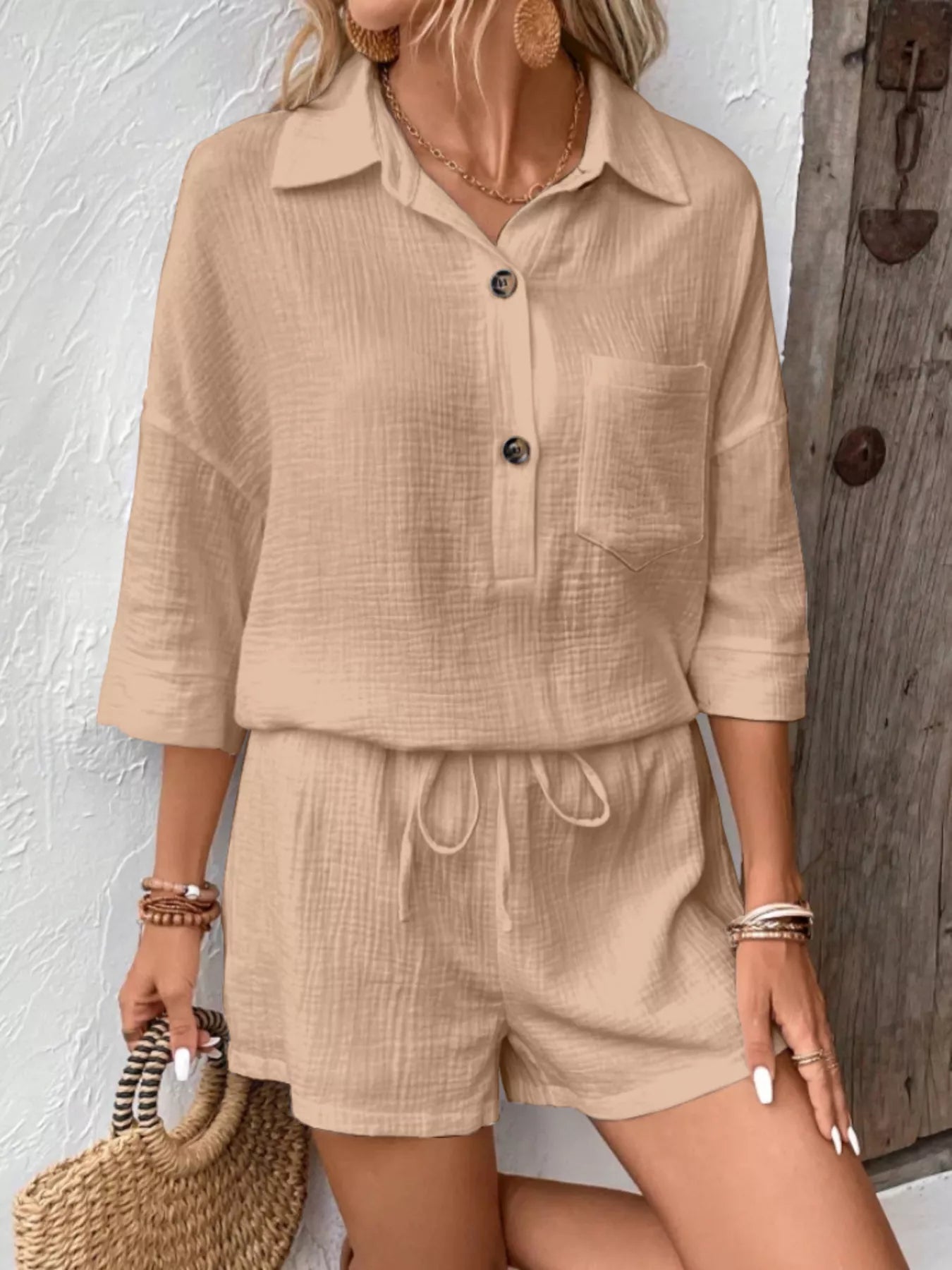 Button Detail Top and Shorts Set - NORIVE