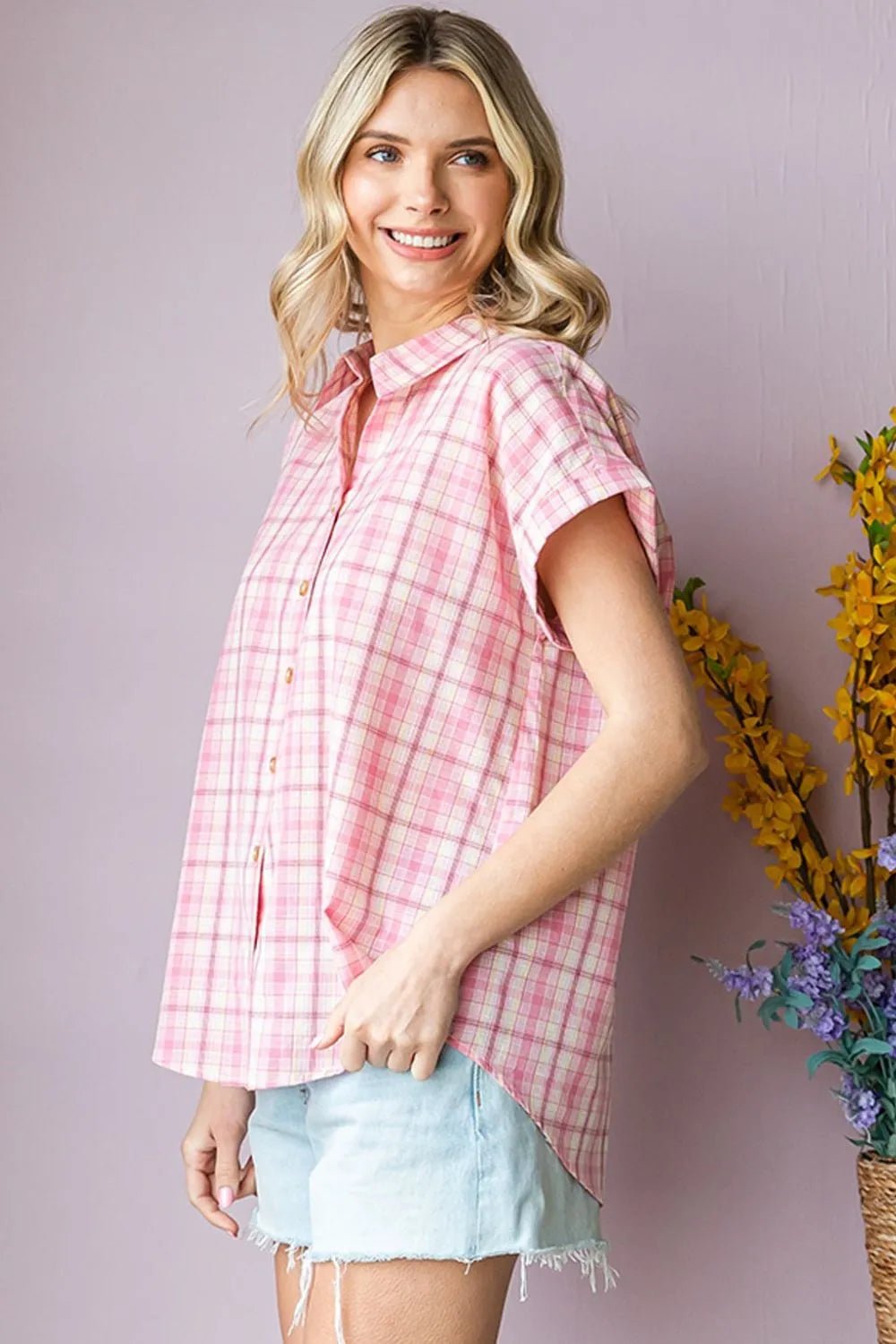 Cotton Bleu by Nu Lab Plaid Collared Neck Short Sleeve Shirt - NORIVE