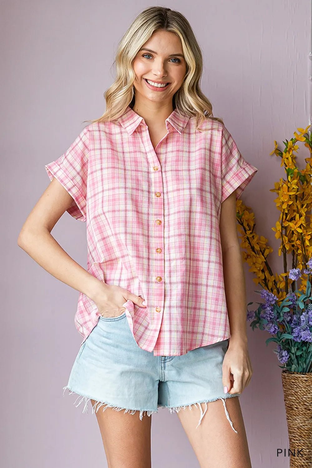 Cotton Bleu by Nu Lab Plaid Collared Neck Short Sleeve Shirt - NORIVE