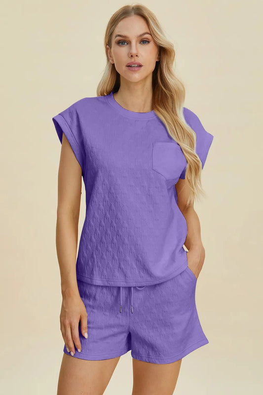 Double Take Full Size Pocketed Texture Round Neck Top and Shorts Set - NORIVE