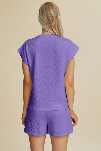 Double Take Full Size Pocketed Texture Round Neck Top and Shorts Set - NORIVE