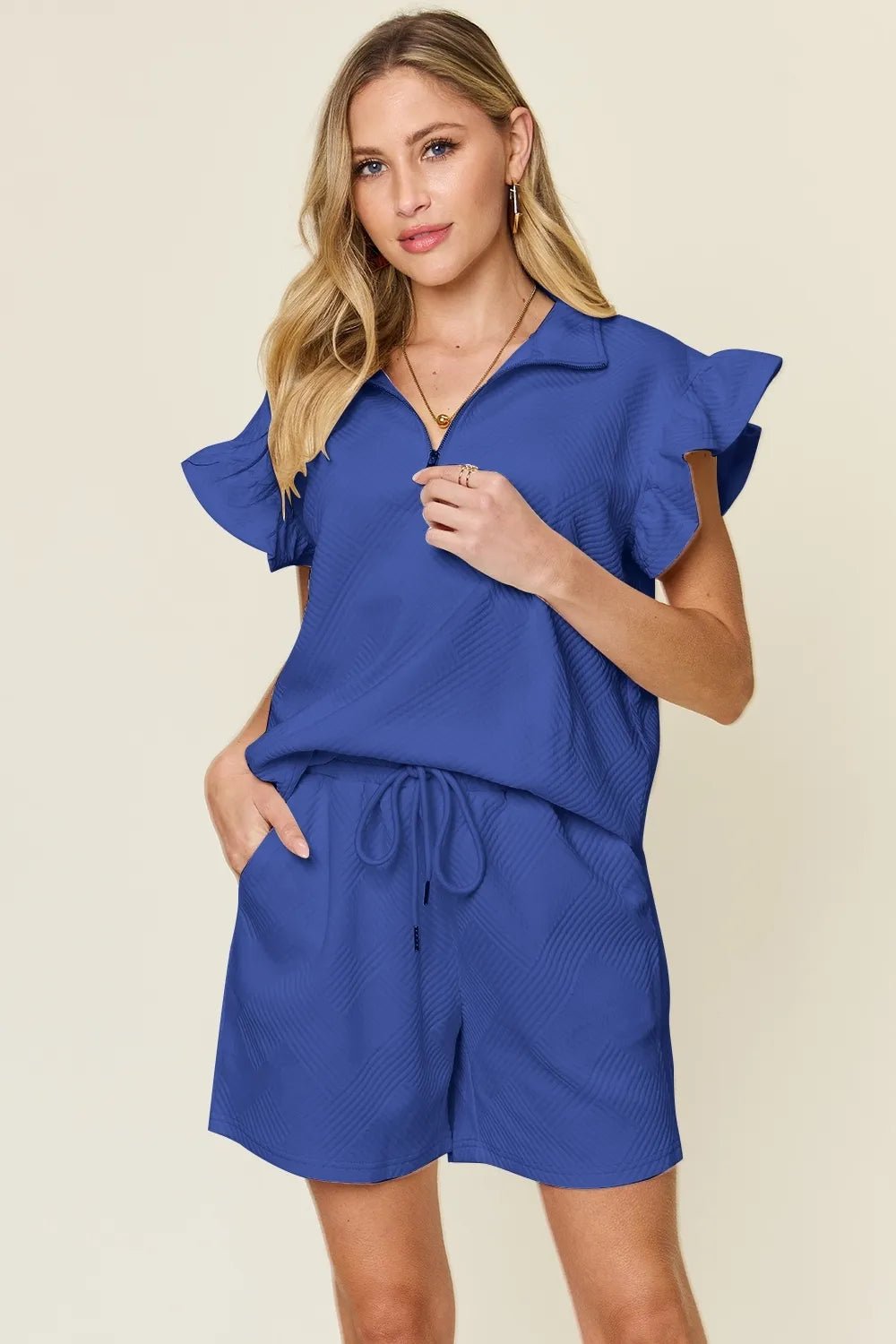 Double Take Full Size Texture Flounce Sleeve Top and Drawstring Shorts Set - NORIVE