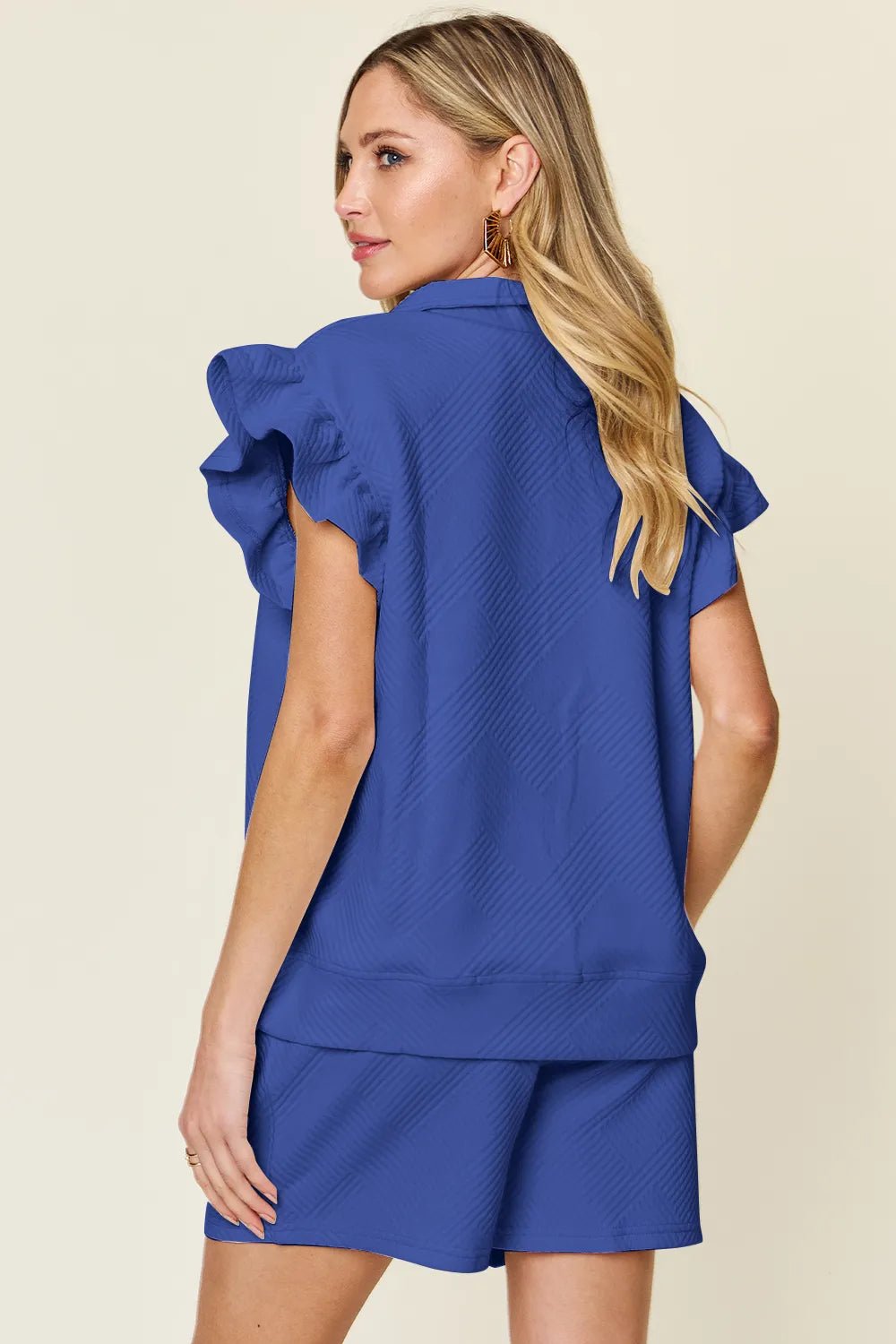 Double Take Full Size Texture Flounce Sleeve Top and Drawstring Shorts Set - NORIVE