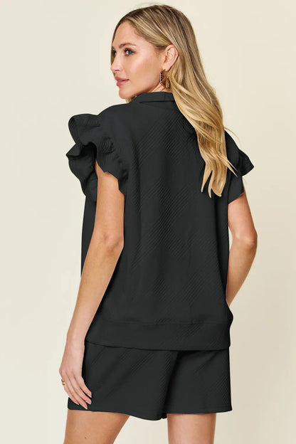 Double Take Full Size Texture Flounce Sleeve Top and Drawstring Shorts Set - NORIVE
