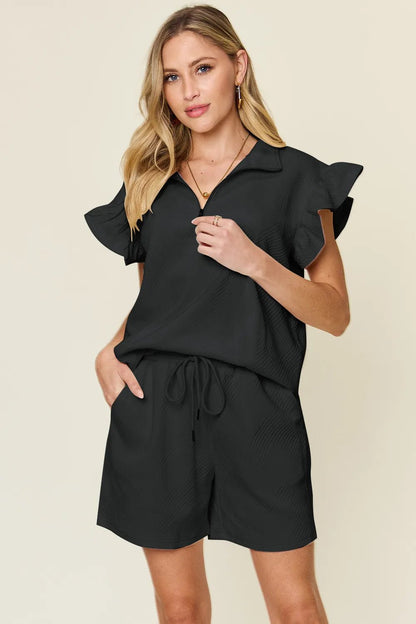 Double Take Full Size Texture Flounce Sleeve Top and Drawstring Shorts Set - NORIVE