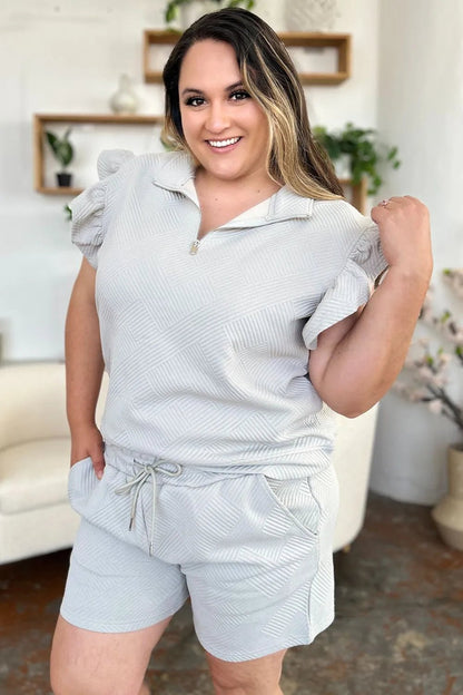 Double Take Full Size Texture Flounce Sleeve Top and Drawstring Shorts Set - NORIVE