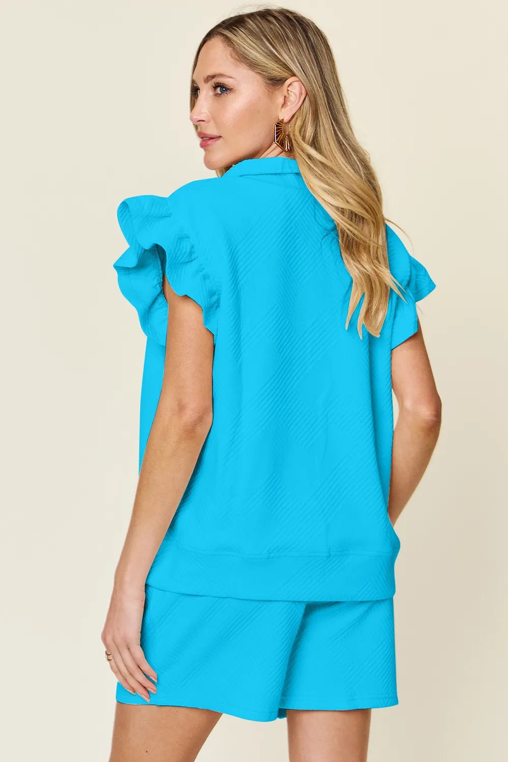 Double Take Full Size Texture Flounce Sleeve Top and Drawstring Shorts Set - NORIVE