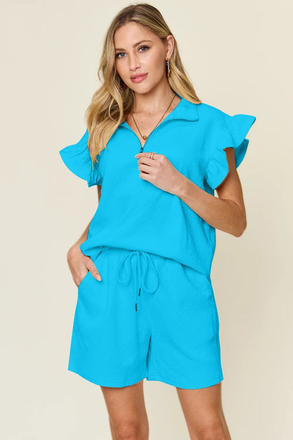 Double Take Full Size Texture Flounce Sleeve Top and Drawstring Shorts Set - NORIVE