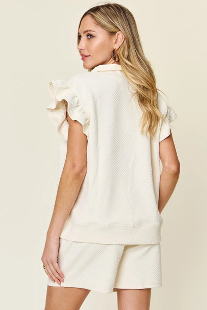 Double Take Full Size Texture Flounce Sleeve Top and Drawstring Shorts Set - NORIVE