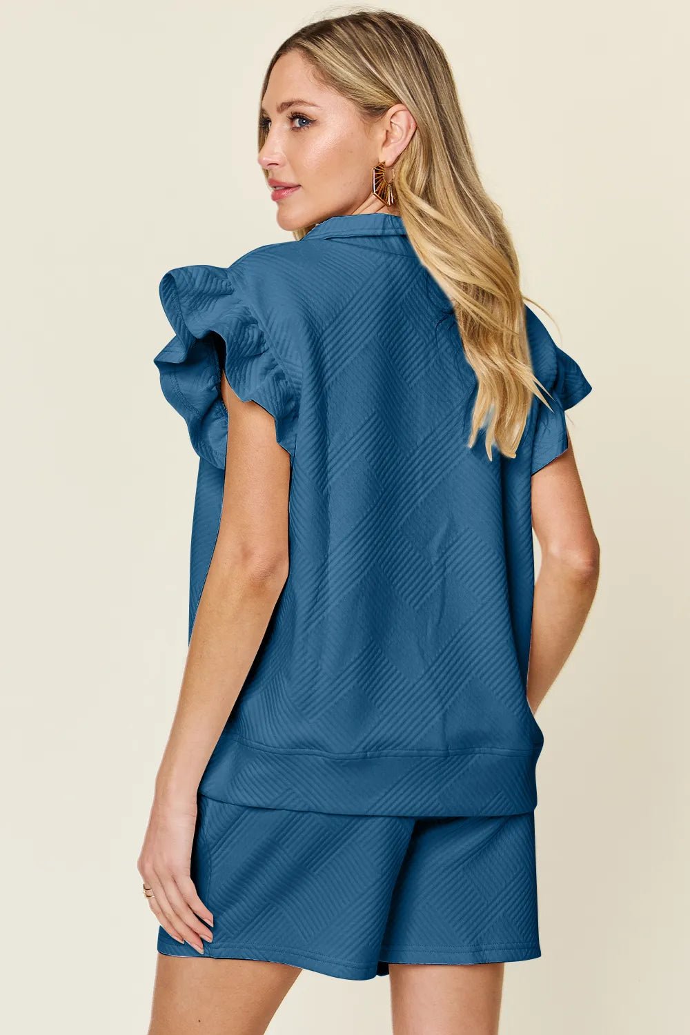 Double Take Full Size Texture Flounce Sleeve Top and Drawstring Shorts Set - NORIVE