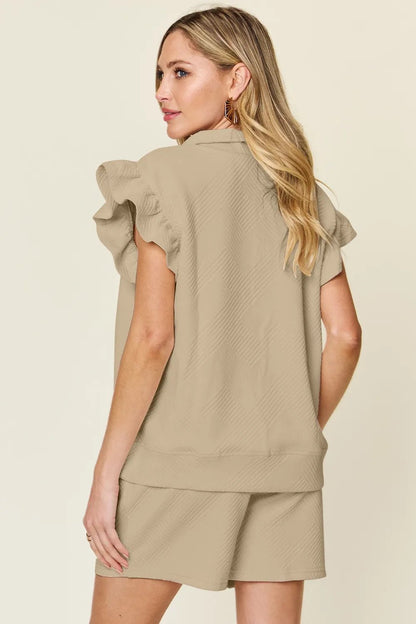 Double Take Full Size Texture Flounce Sleeve Top and Drawstring Shorts Set - NORIVE