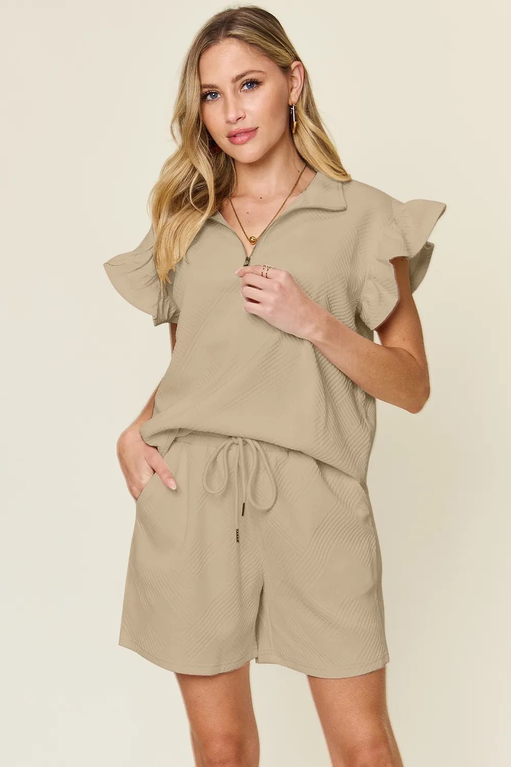 Double Take Full Size Texture Flounce Sleeve Top and Drawstring Shorts Set - NORIVE