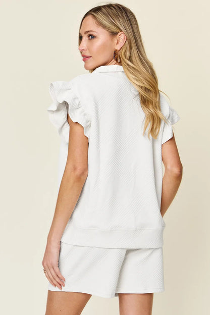 Double Take Full Size Texture Flounce Sleeve Top and Drawstring Shorts Set - NORIVE