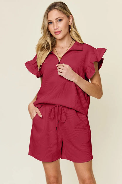 Double Take Full Size Texture Flounce Sleeve Top and Drawstring Shorts Set - NORIVE