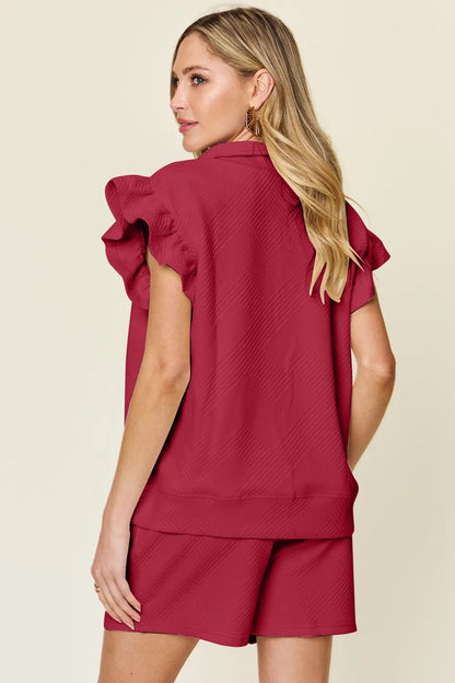 Double Take Full Size Texture Flounce Sleeve Top and Drawstring Shorts Set - NORIVE