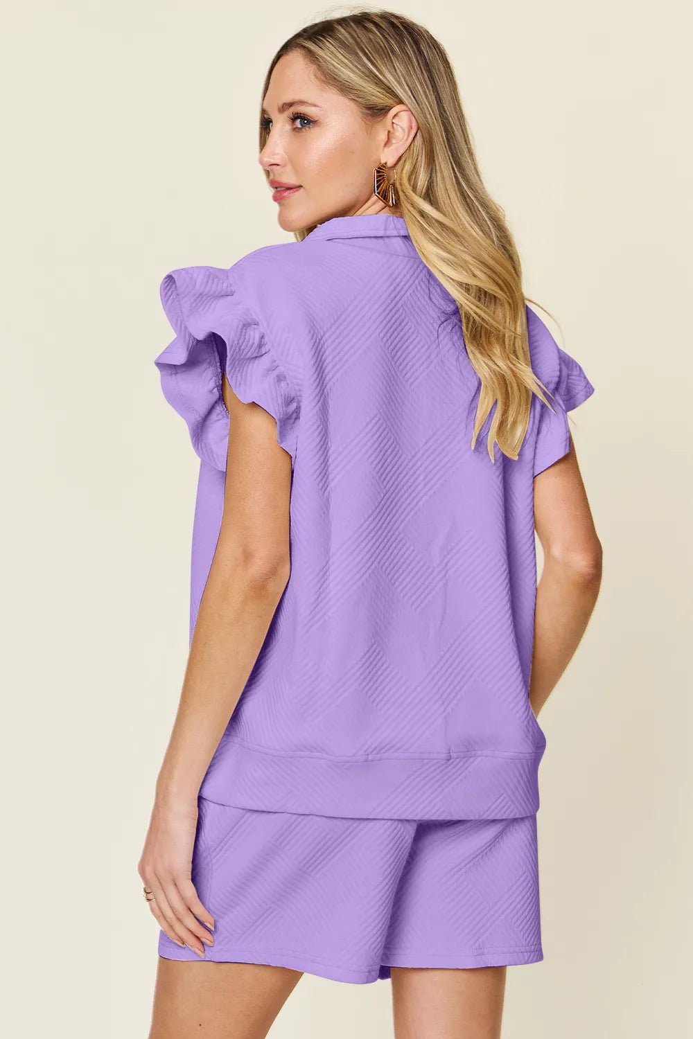 Double Take Full Size Texture Flounce Sleeve Top and Drawstring Shorts Set - NORIVE