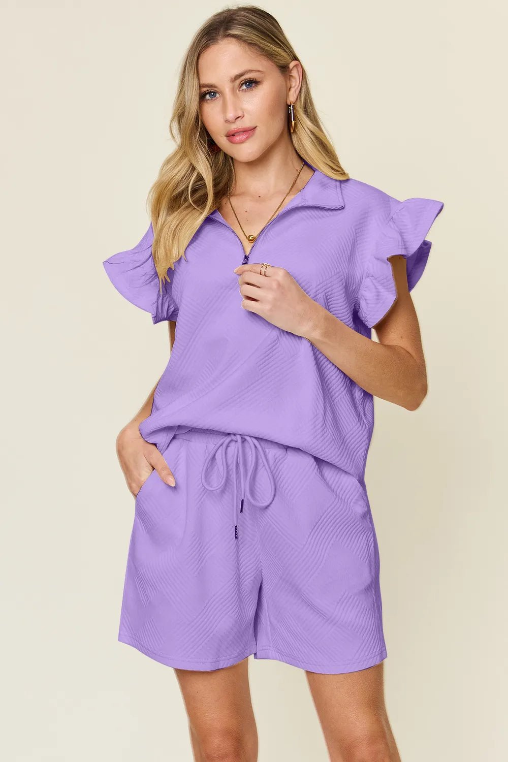 Double Take Full Size Texture Flounce Sleeve Top and Drawstring Shorts Set - NORIVE