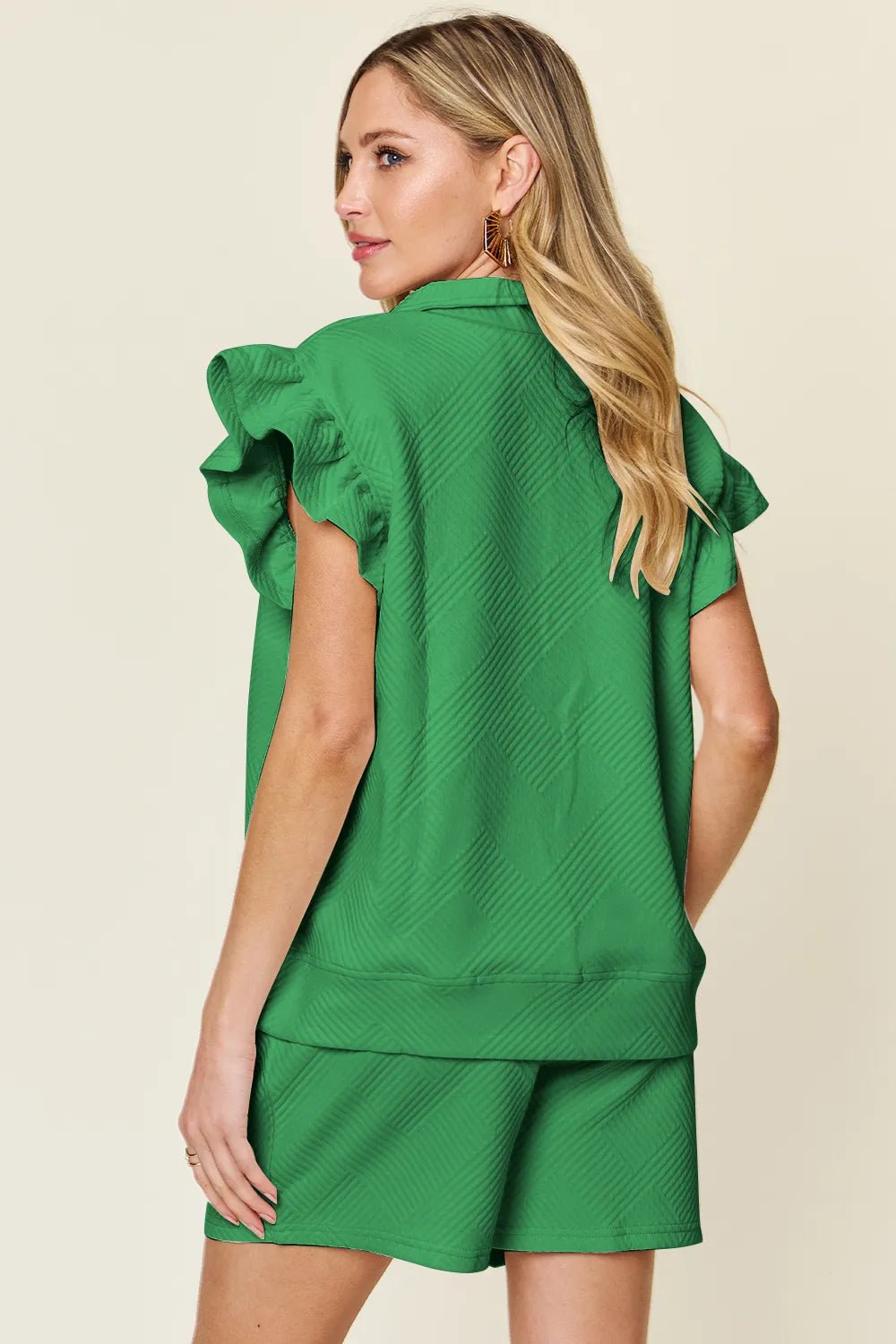 Double Take Full Size Texture Flounce Sleeve Top and Drawstring Shorts Set - NORIVE