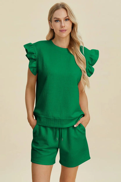 Double Take Full Size Texture Round Neck Ruffle Sleeve Top and Shorts Set - NORIVE