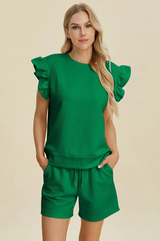 Double Take Full Size Texture Round Neck Ruffle Sleeve Top and Shorts Set - NORIVE