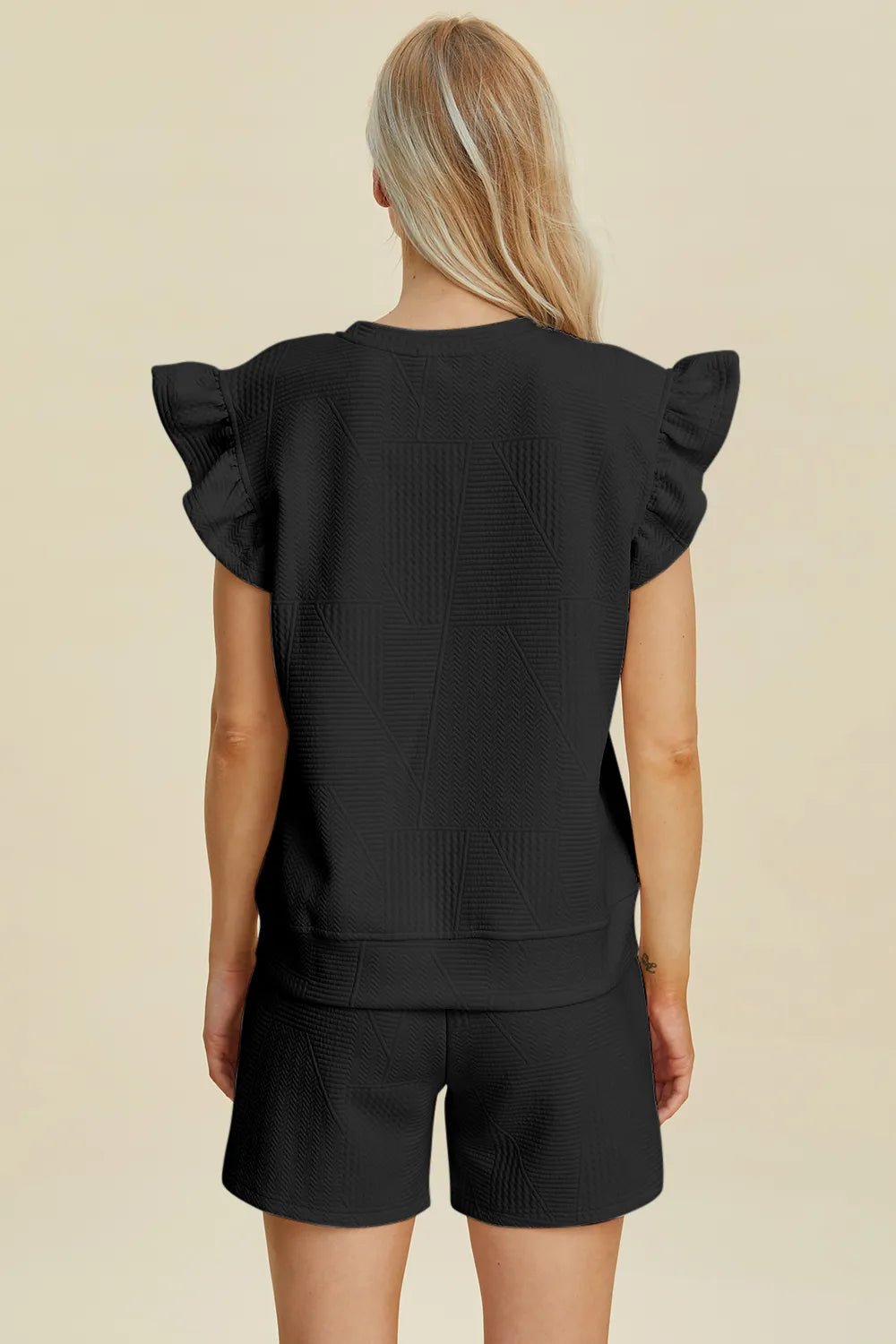 Double Take Full Size Texture Round Neck Ruffle Sleeve Top and Shorts Set - NORIVE