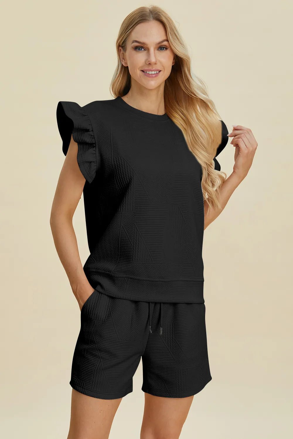Double Take Full Size Texture Round Neck Ruffle Sleeve Top and Shorts Set - NORIVE