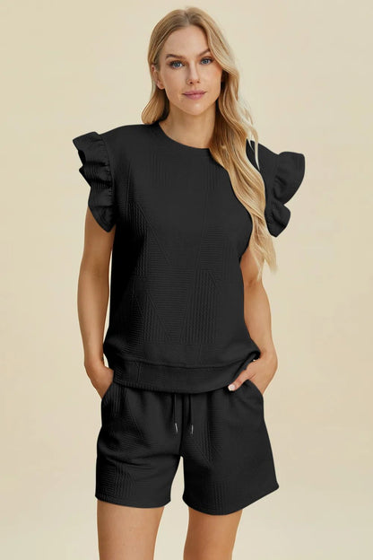 Double Take Full Size Texture Round Neck Ruffle Sleeve Top and Shorts Set - NORIVE