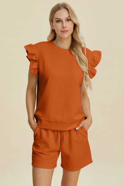 Double Take Full Size Texture Round Neck Ruffle Sleeve Top and Shorts Set - NORIVE