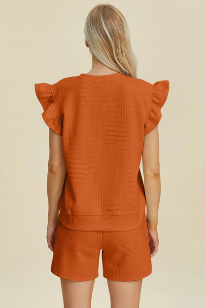 Double Take Full Size Texture Round Neck Ruffle Sleeve Top and Shorts Set - NORIVE