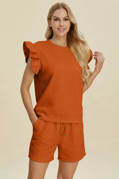 Double Take Full Size Texture Round Neck Ruffle Sleeve Top and Shorts Set - NORIVE