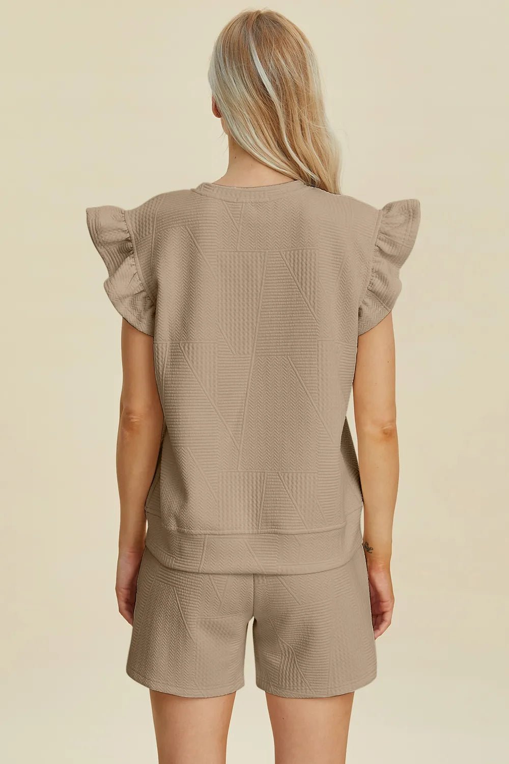 Double Take Full Size Texture Round Neck Ruffle Sleeve Top and Shorts Set - NORIVE