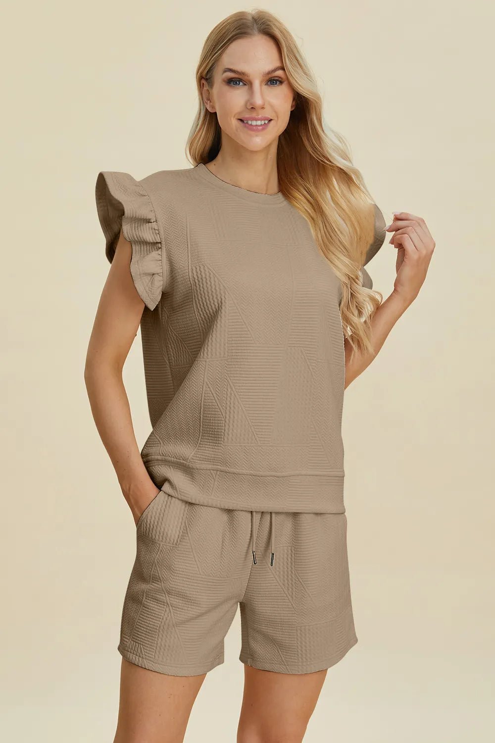 Double Take Full Size Texture Round Neck Ruffle Sleeve Top and Shorts Set - NORIVE