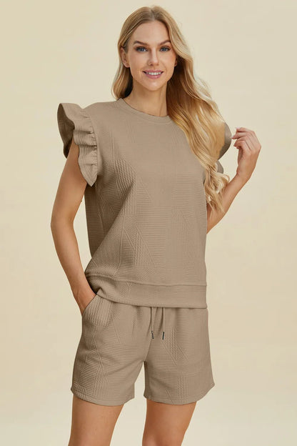 Double Take Full Size Texture Round Neck Ruffle Sleeve Top and Shorts Set - NORIVE
