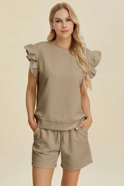 Double Take Full Size Texture Round Neck Ruffle Sleeve Top and Shorts Set - NORIVE
