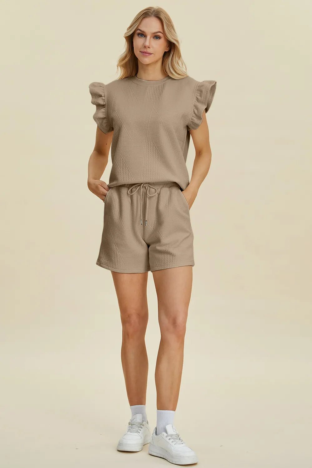 Double Take Full Size Texture Round Neck Ruffle Sleeve Top and Shorts Set - NORIVE