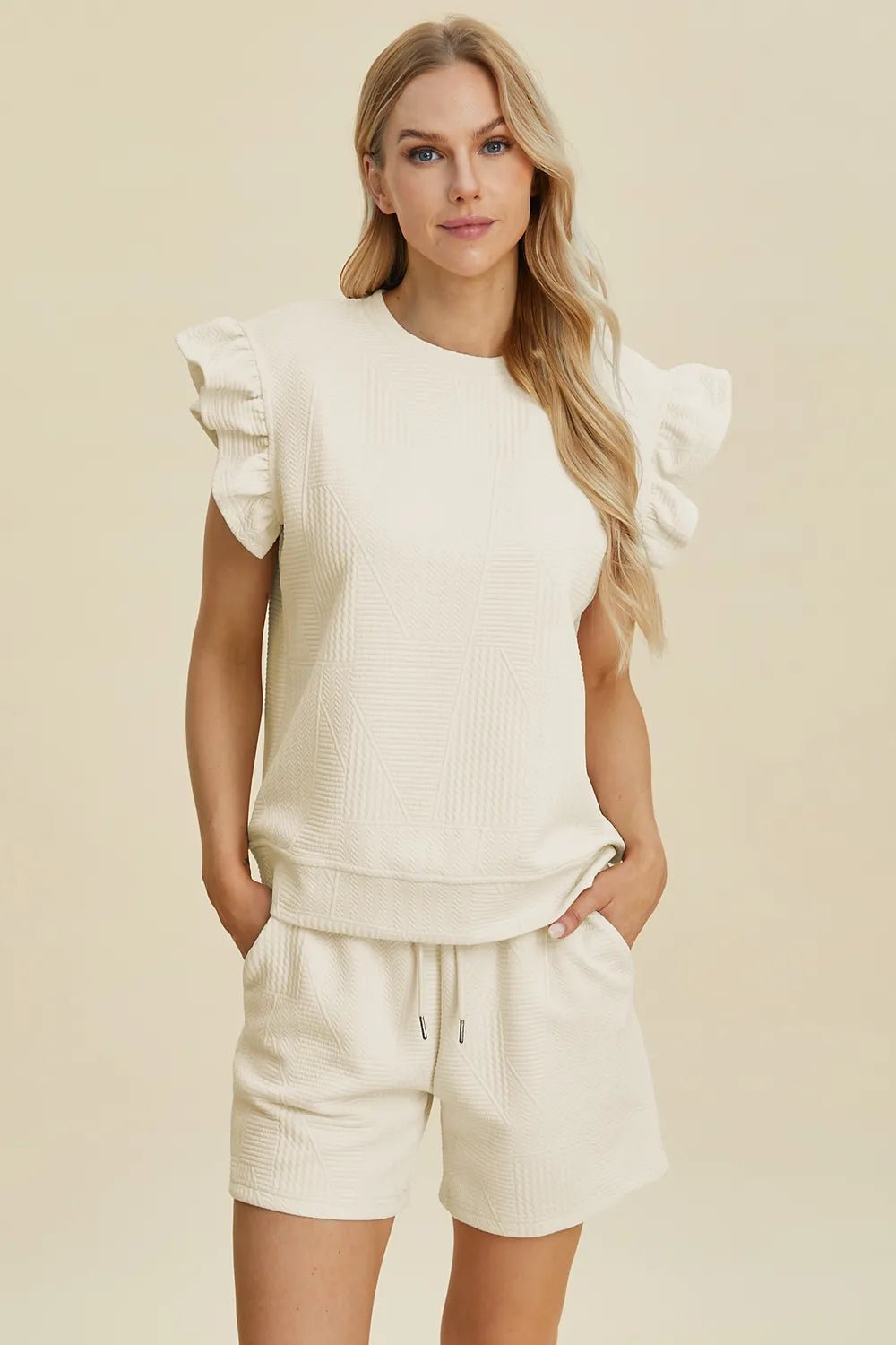 Double Take Full Size Texture Round Neck Ruffle Sleeve Top and Shorts Set - NORIVE