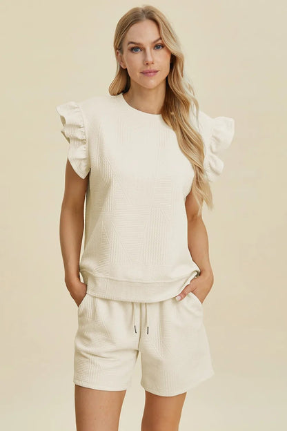 Double Take Full Size Texture Round Neck Ruffle Sleeve Top and Shorts Set - NORIVE