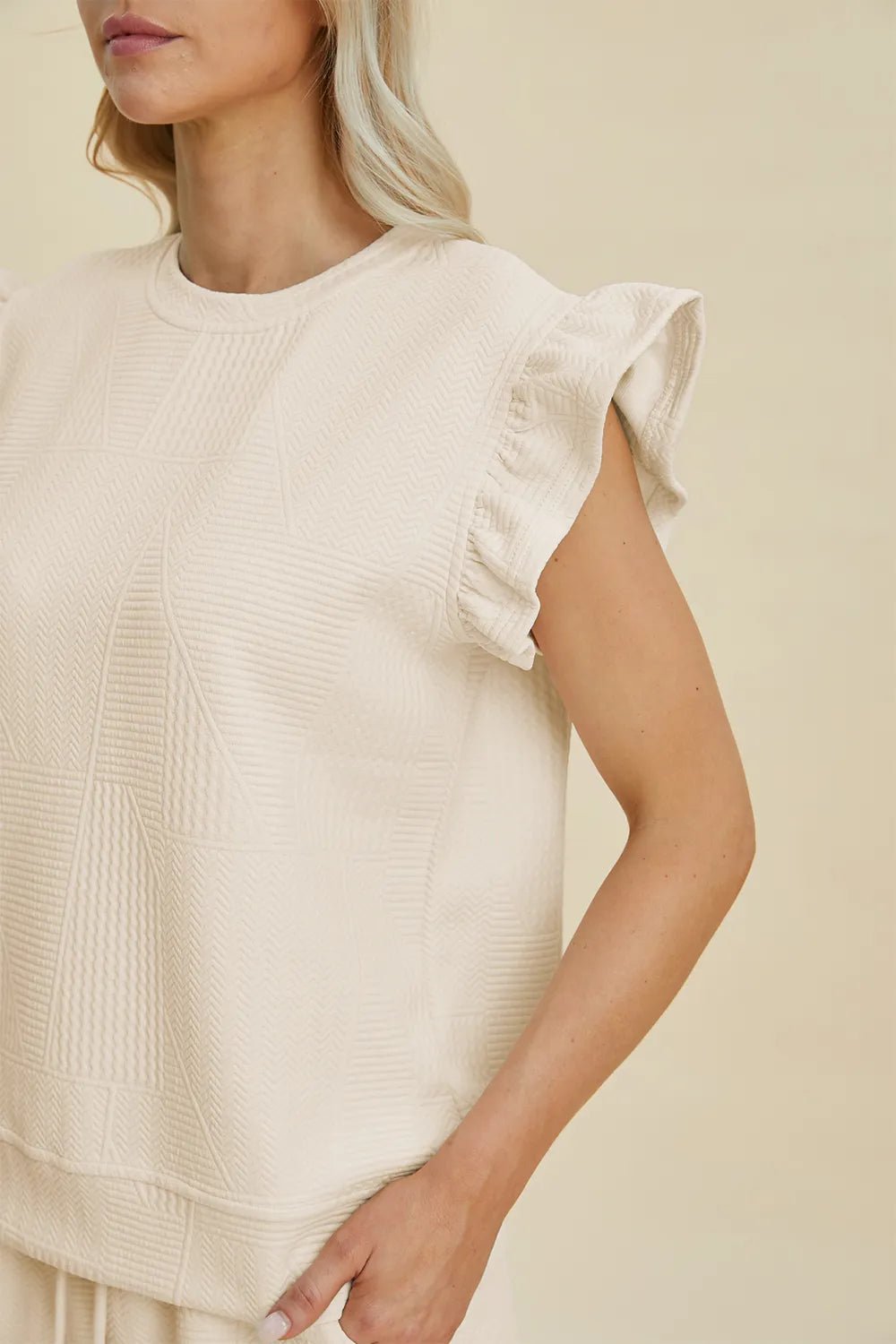 Double Take Full Size Texture Round Neck Ruffle Sleeve Top and Shorts Set - NORIVE