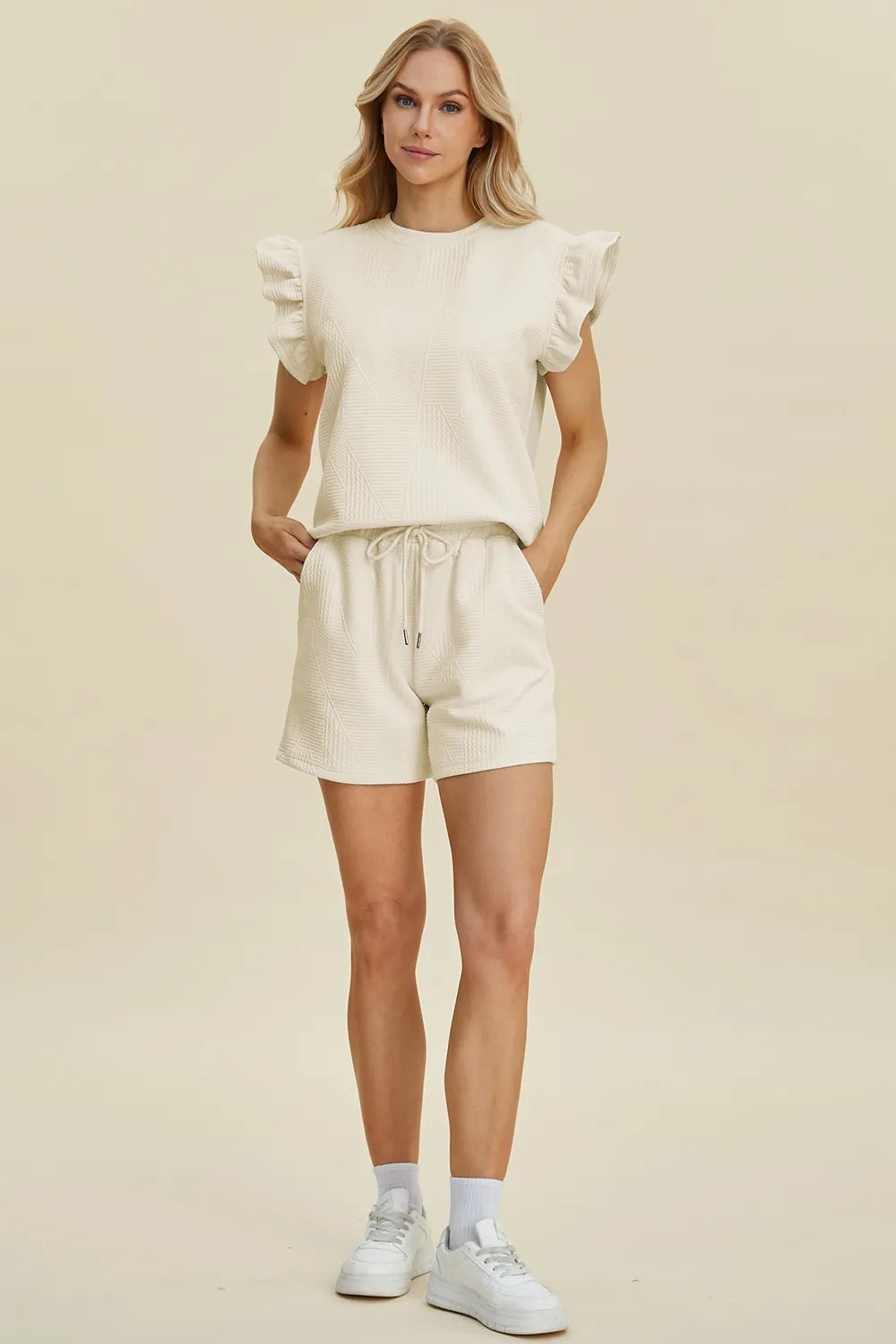 Double Take Full Size Texture Round Neck Ruffle Sleeve Top and Shorts Set - NORIVE