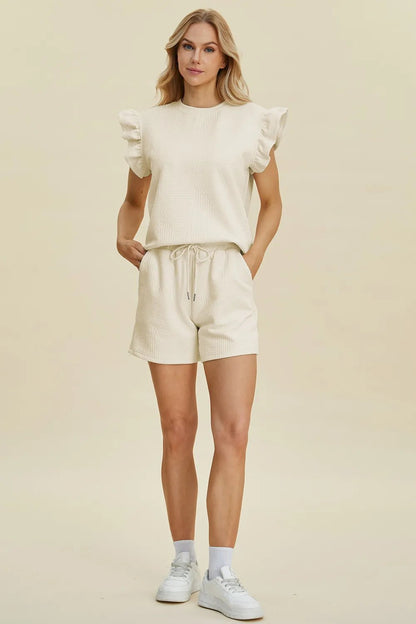 Double Take Full Size Texture Round Neck Ruffle Sleeve Top and Shorts Set - NORIVE