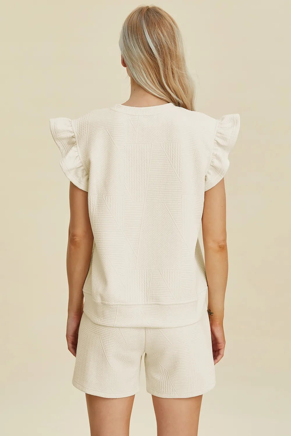 Double Take Full Size Texture Round Neck Ruffle Sleeve Top and Shorts Set - NORIVE