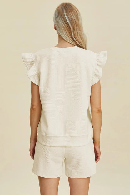 Double Take Full Size Texture Round Neck Ruffle Sleeve Top and Shorts Set - NORIVE