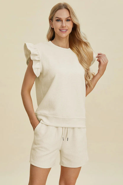 Double Take Full Size Texture Round Neck Ruffle Sleeve Top and Shorts Set - NORIVE